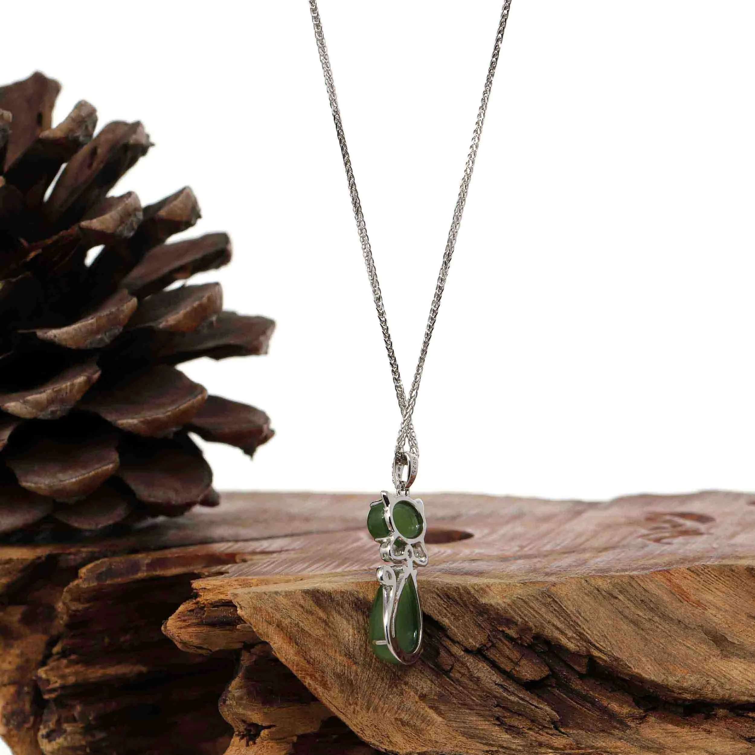 Baikalla™ "Lucky Kitten" Sterling Silver Genuine Nephrite Green Jade Cat Pendant Necklace