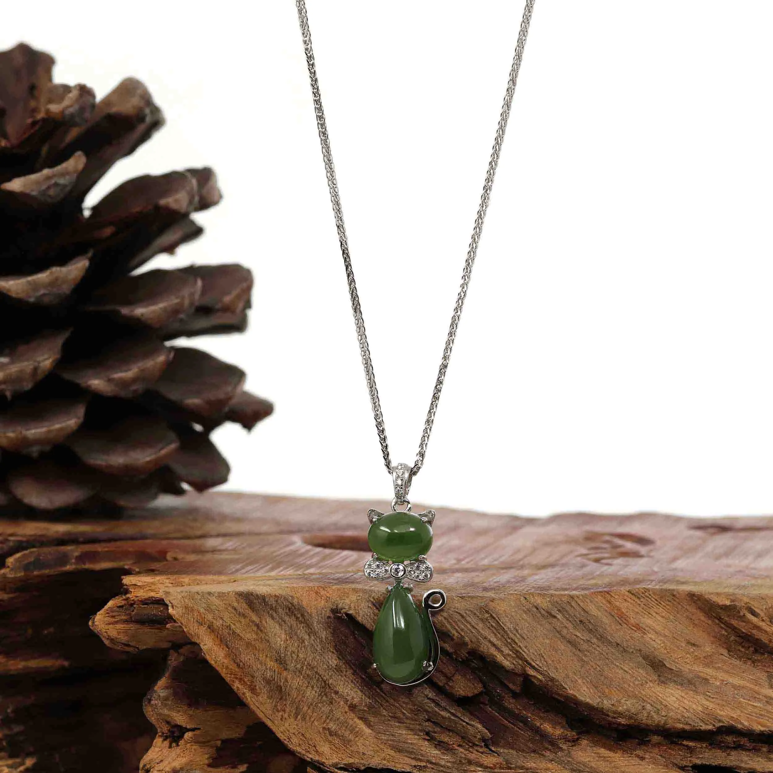 Baikalla™ "Lucky Kitten" Sterling Silver Genuine Nephrite Green Jade Cat Pendant Necklace