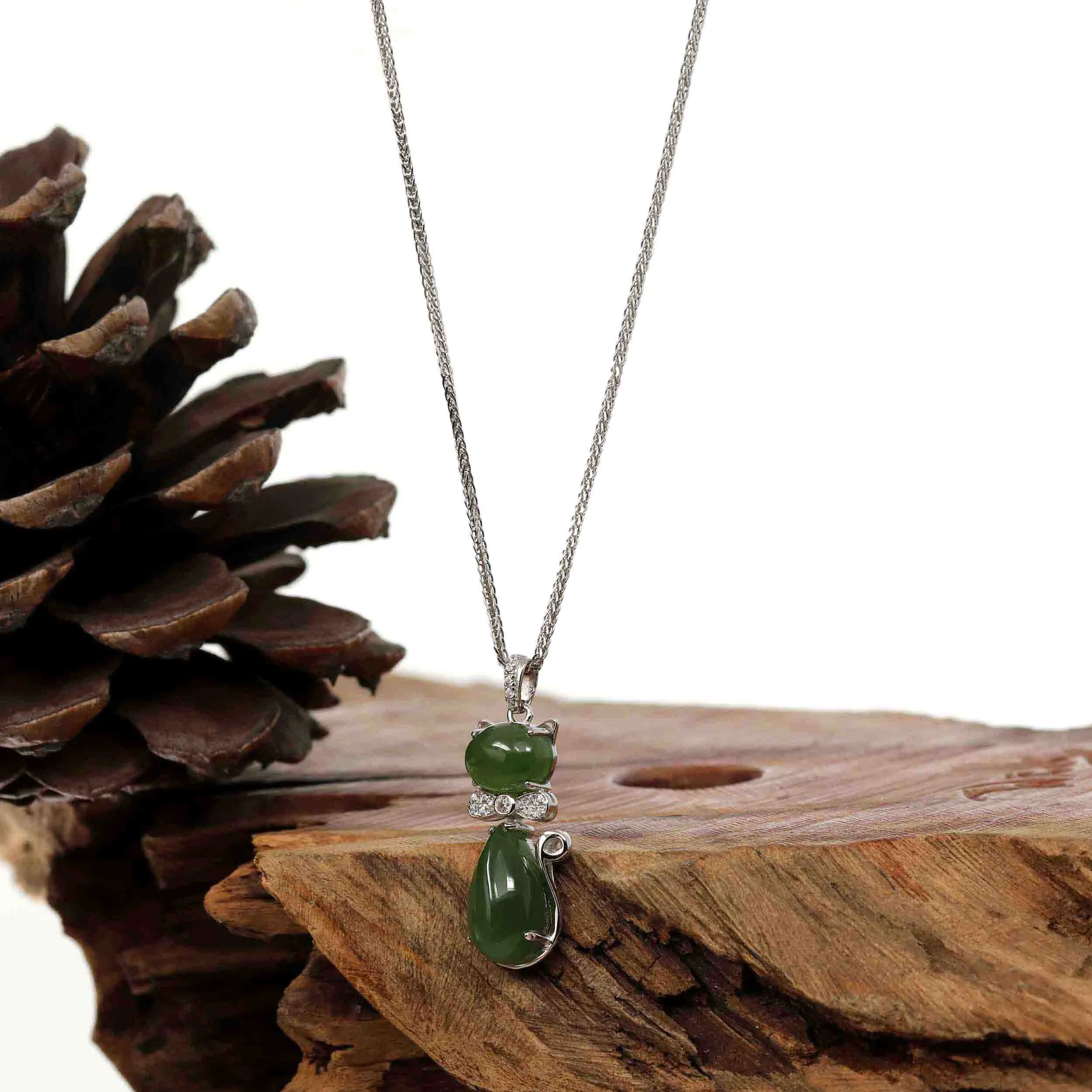 Baikalla™ "Lucky Kitten" Sterling Silver Genuine Nephrite Green Jade Cat Pendant Necklace