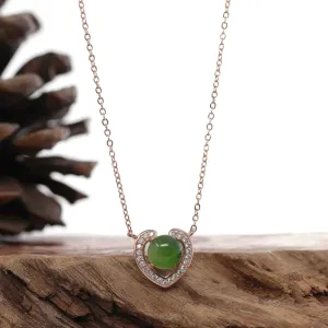 Baikalla™ Sterling Silver Real Green Nephrite Jade Love Pendant Necklace With CZ