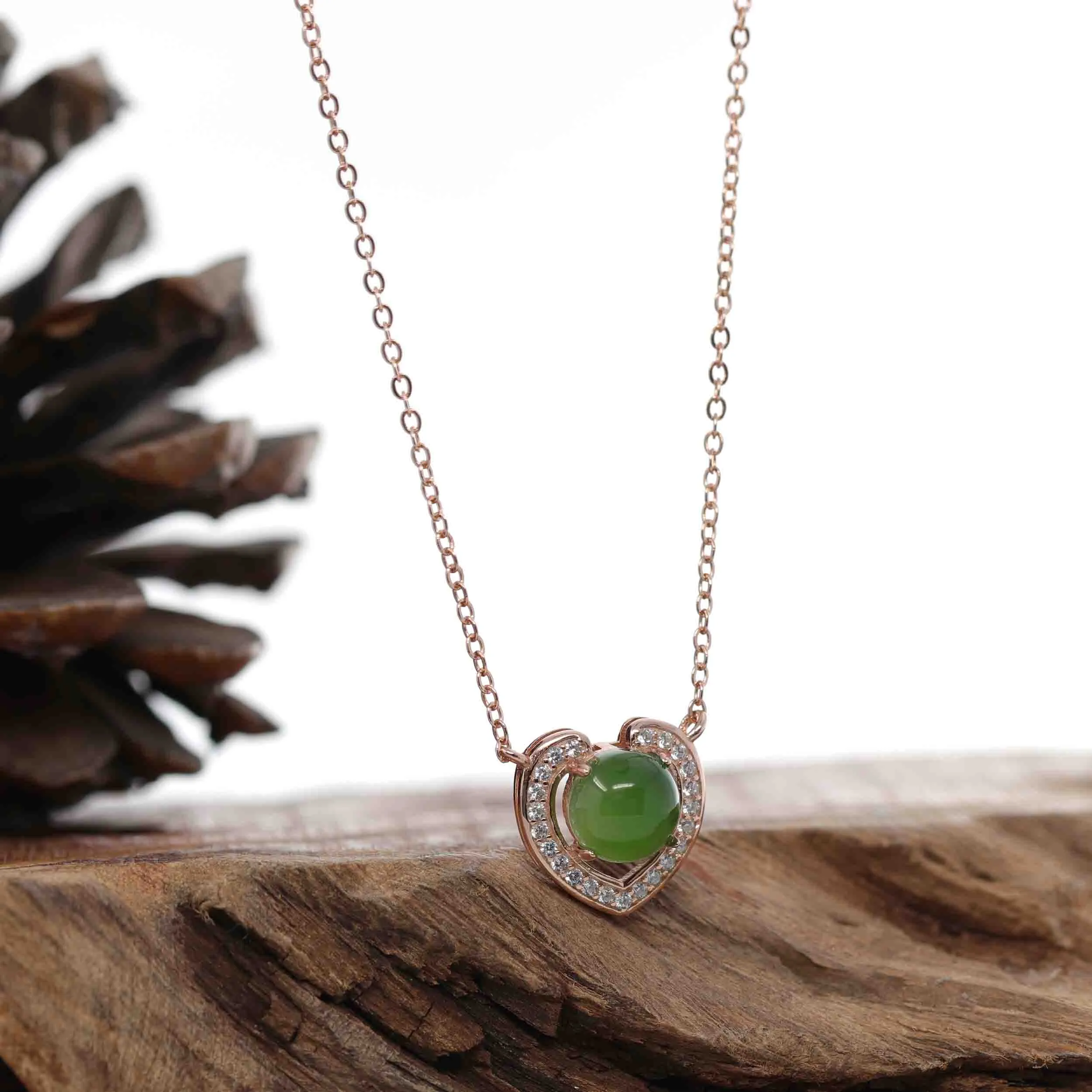 Baikalla™ Sterling Silver Real Green Nephrite Jade Love Pendant Necklace With CZ