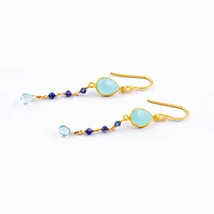 Banyan Aqua Chalcedony, Tanzanite and Blue Topaz Gold Drop Earrings