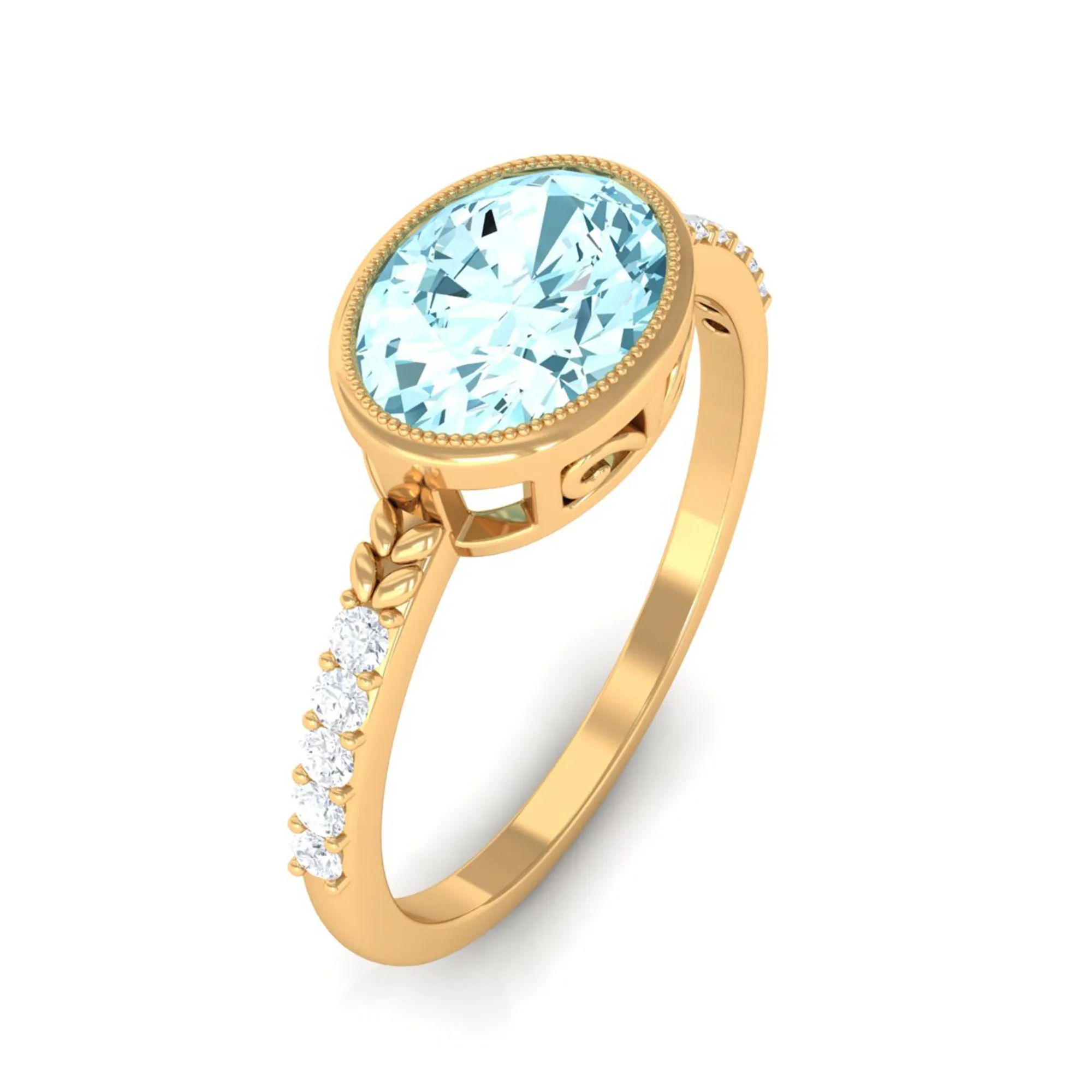 Bezel Set Oval Aquamarine East West Engagement Ring with Diamond