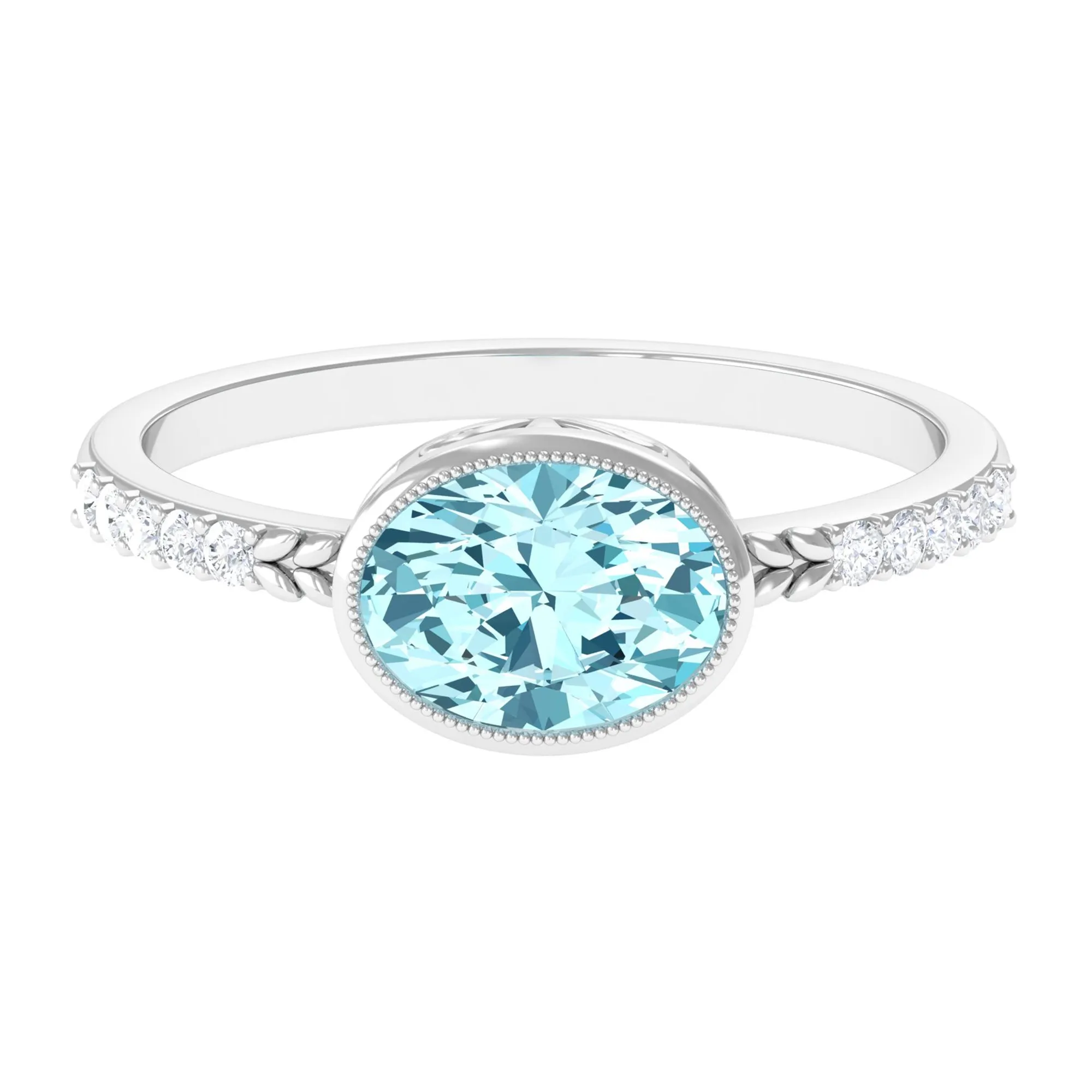 Bezel Set Oval Aquamarine East West Engagement Ring with Diamond
