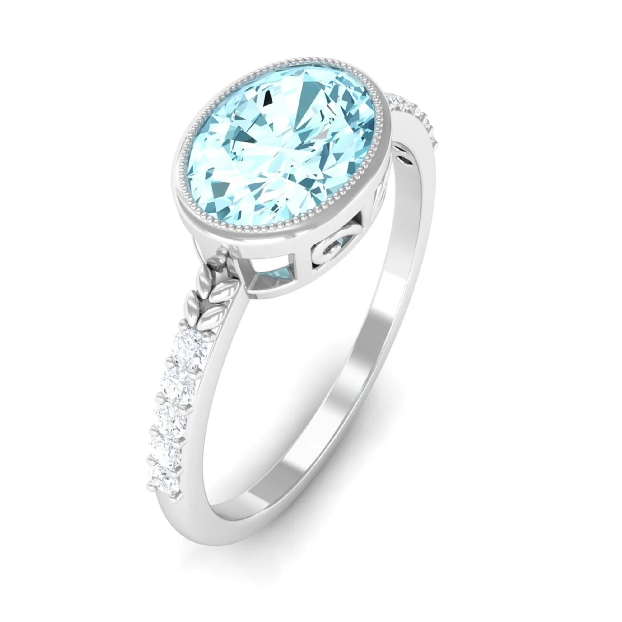 Bezel Set Oval Aquamarine East West Engagement Ring with Diamond