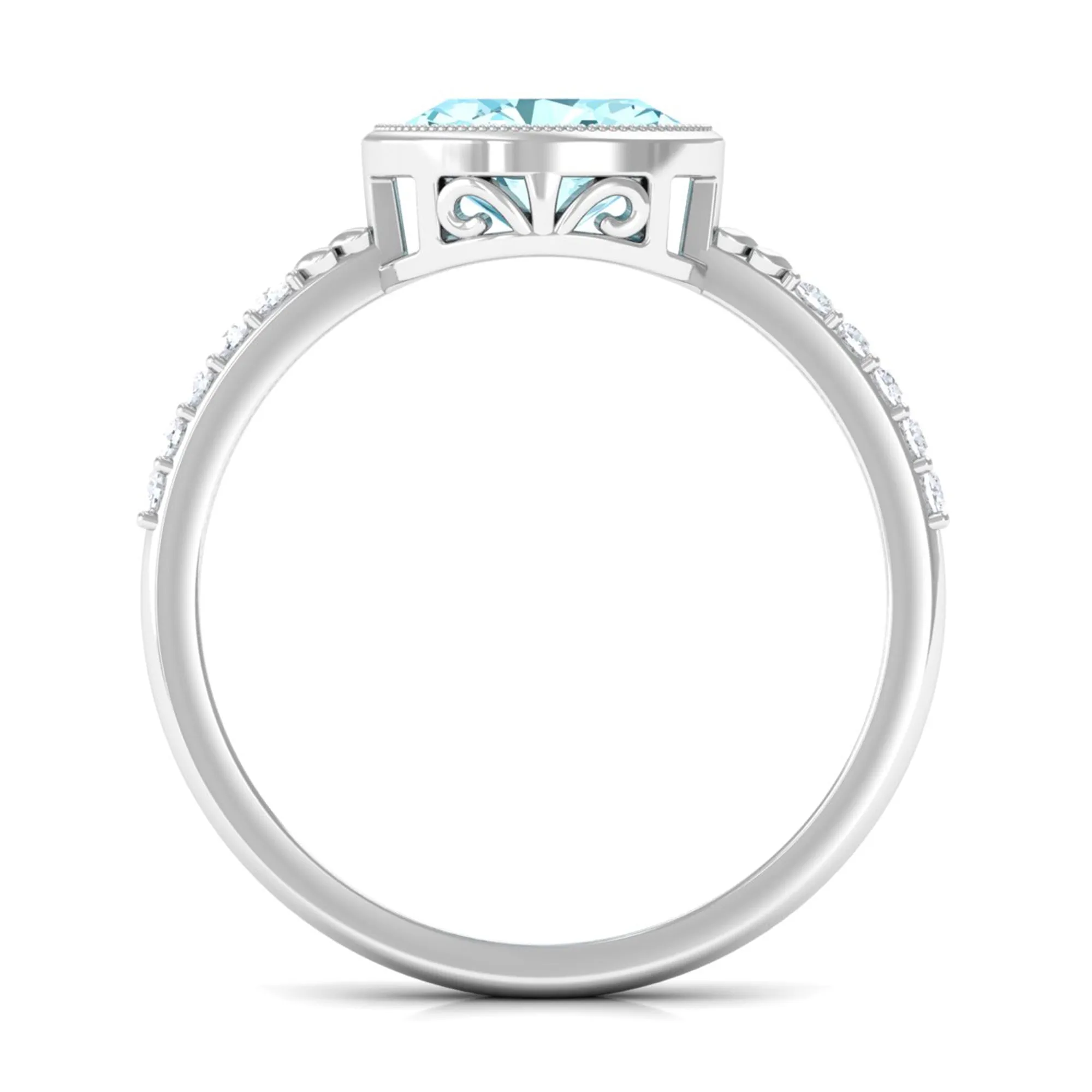 Bezel Set Oval Aquamarine East West Engagement Ring with Diamond