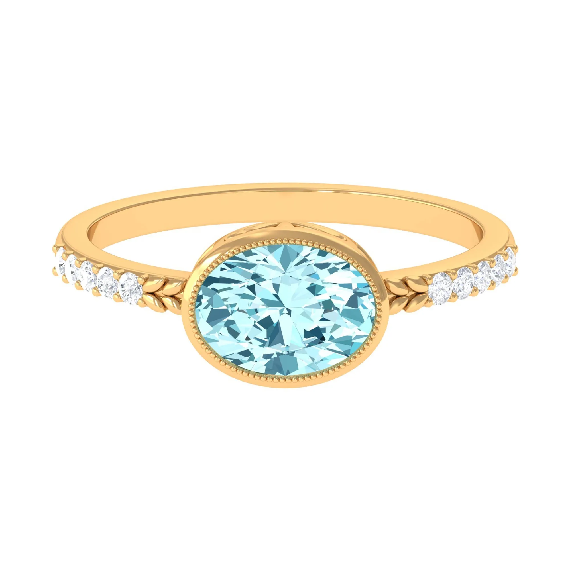 Bezel Set Oval Aquamarine East West Engagement Ring with Diamond
