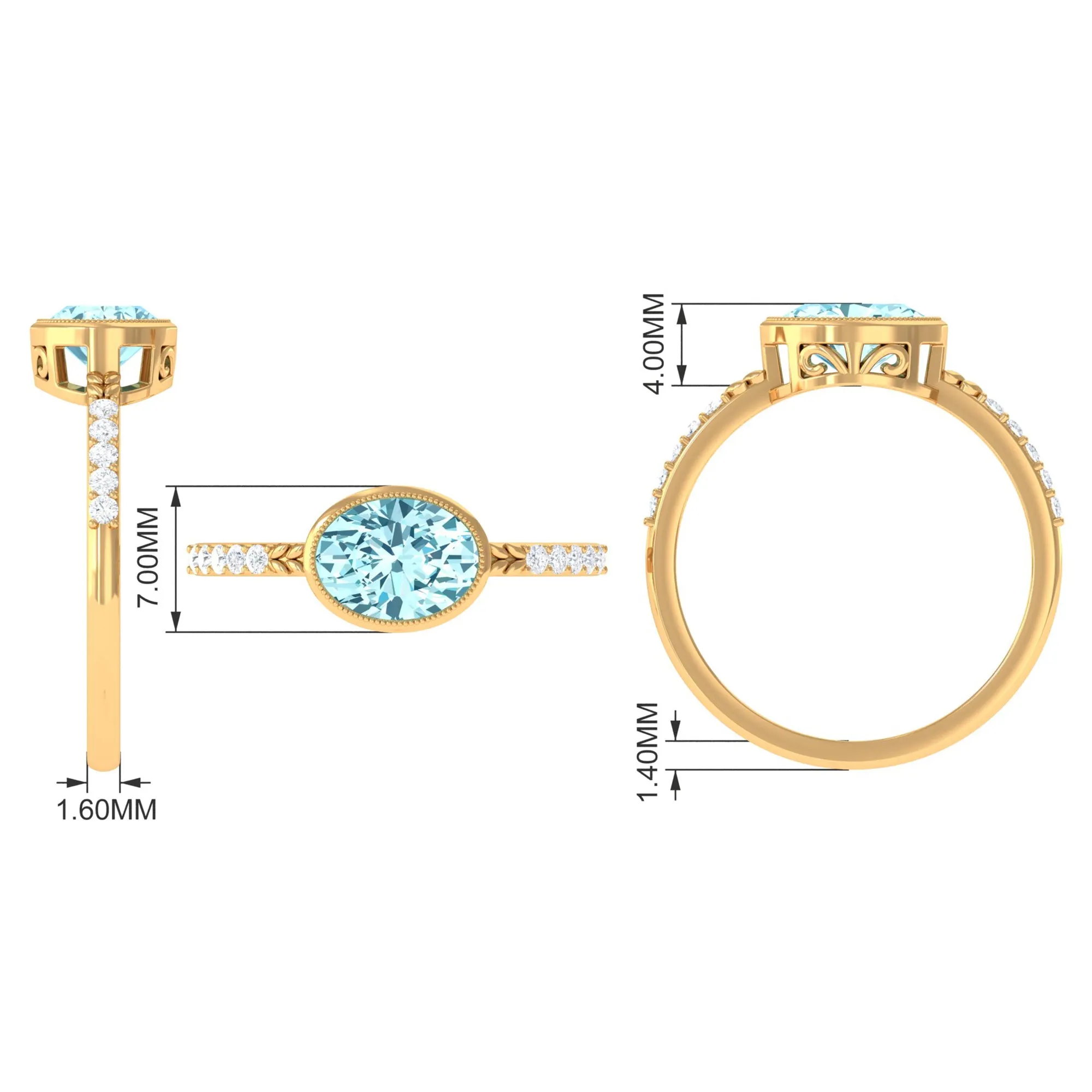 Bezel Set Oval Aquamarine East West Engagement Ring with Diamond