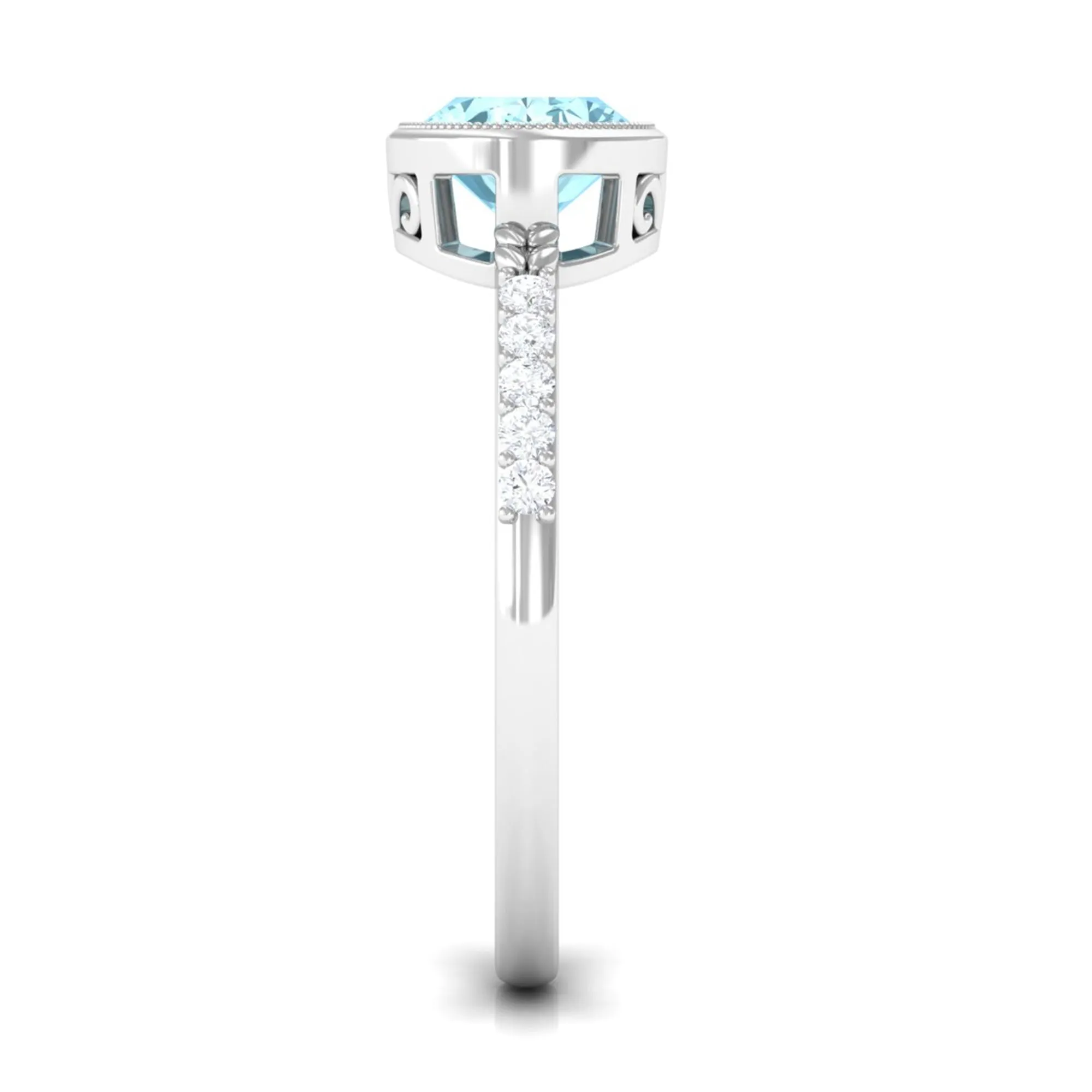 Bezel Set Oval Aquamarine East West Engagement Ring with Diamond