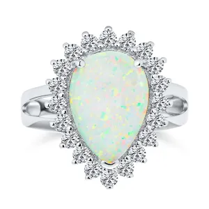 Big Halo 7-10CT Oval Teardrop White Opal Engagement Ring .925 Silver
