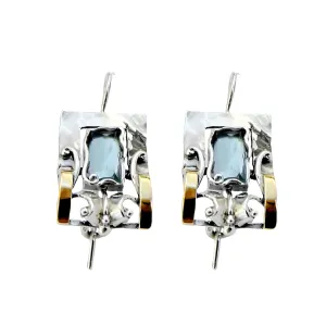 Blue Topaz earrings, Sterling Silver and Yellow Gold earrings, Handmade Topaz earrings, Blue gem earrings, Israeli Designers, Hadar Jewelry