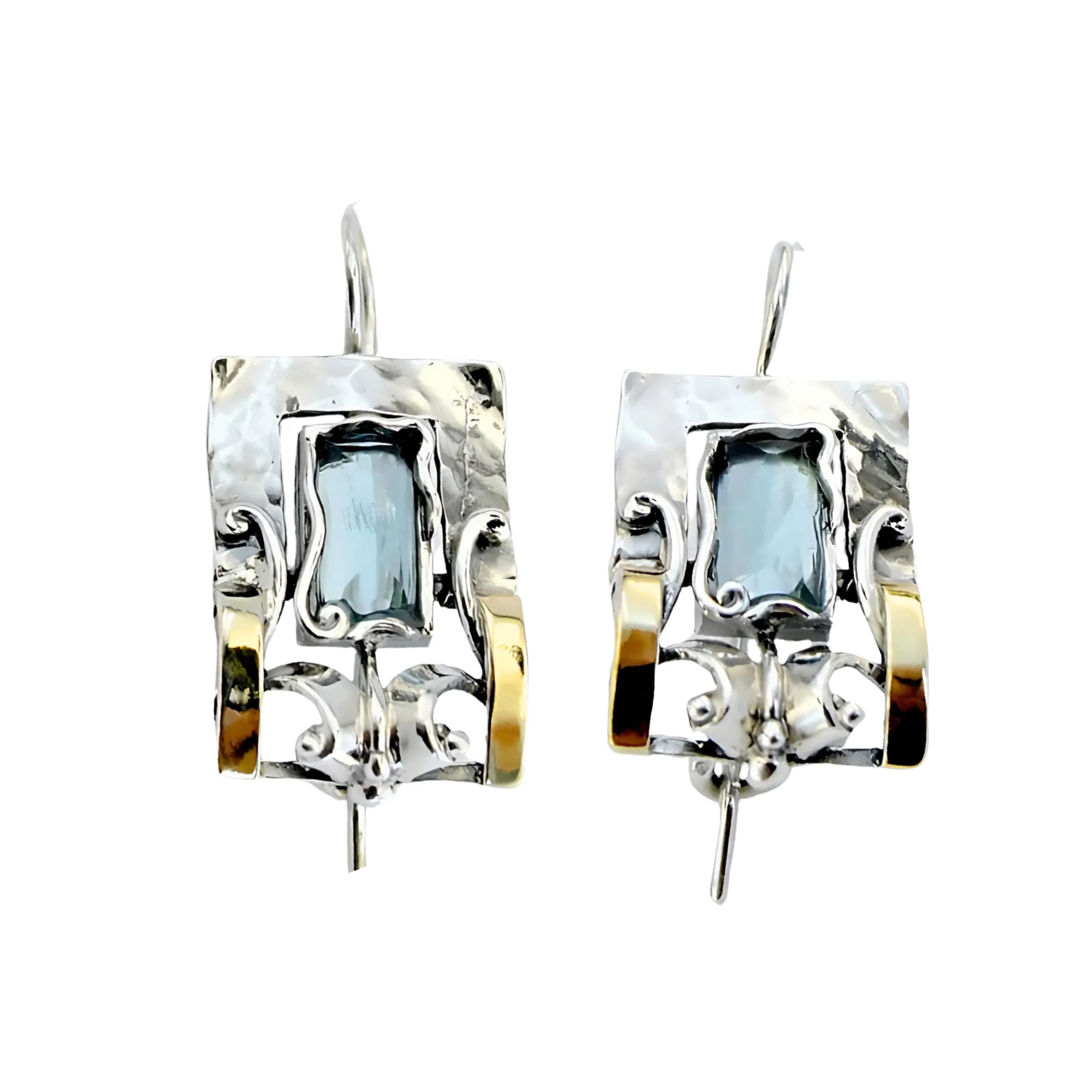 Blue Topaz earrings, Sterling Silver and Yellow Gold earrings, Handmade Topaz earrings, Blue gem earrings, Israeli Designers, Hadar Jewelry