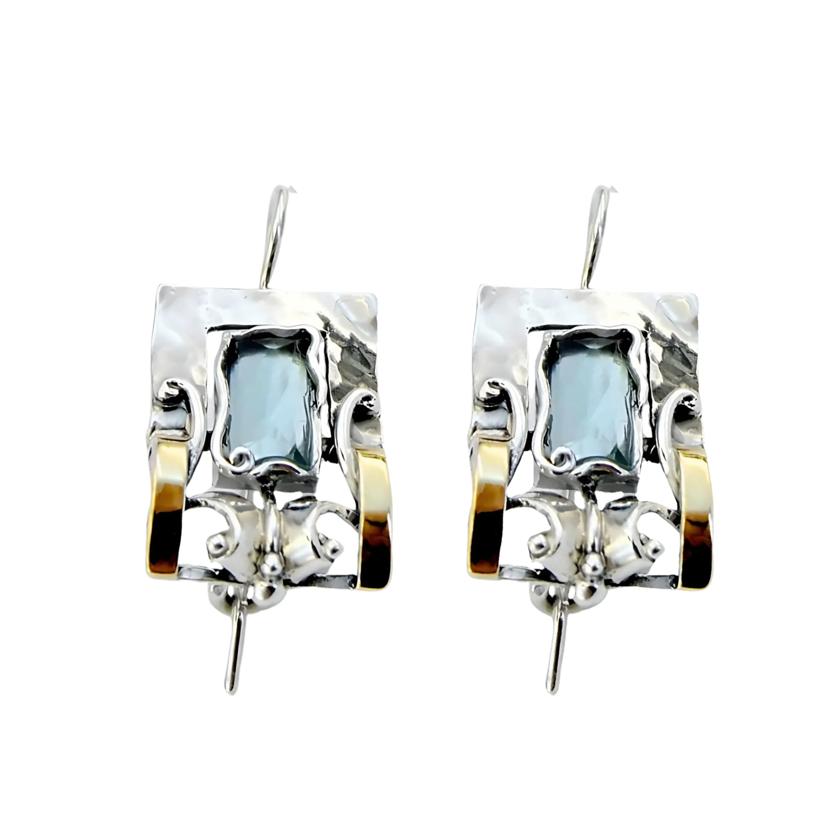 Blue Topaz earrings, Sterling Silver and Yellow Gold earrings, Handmade Topaz earrings, Blue gem earrings, Israeli Designers, Hadar Jewelry