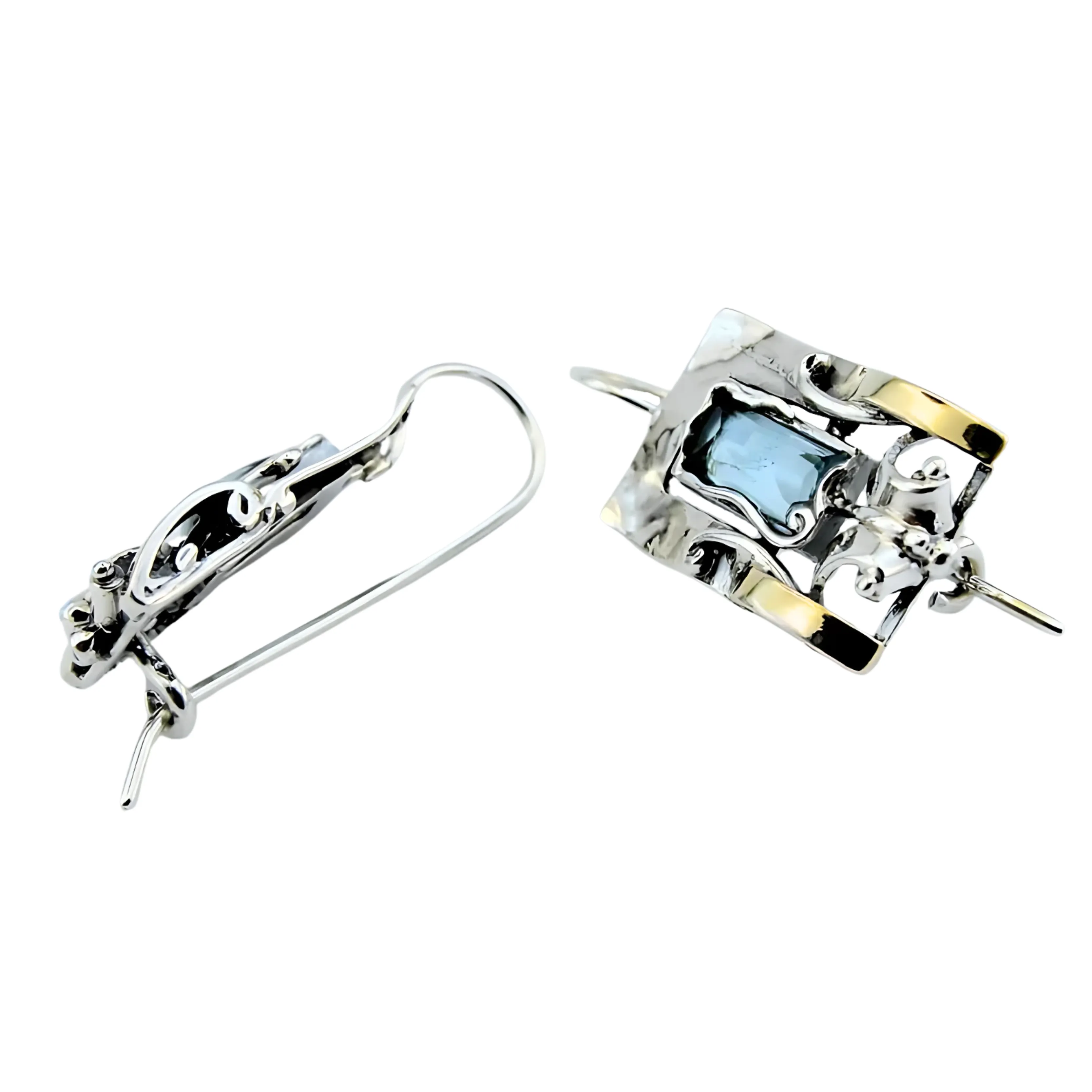 Blue Topaz earrings, Sterling Silver and Yellow Gold earrings, Handmade Topaz earrings, Blue gem earrings, Israeli Designers, Hadar Jewelry