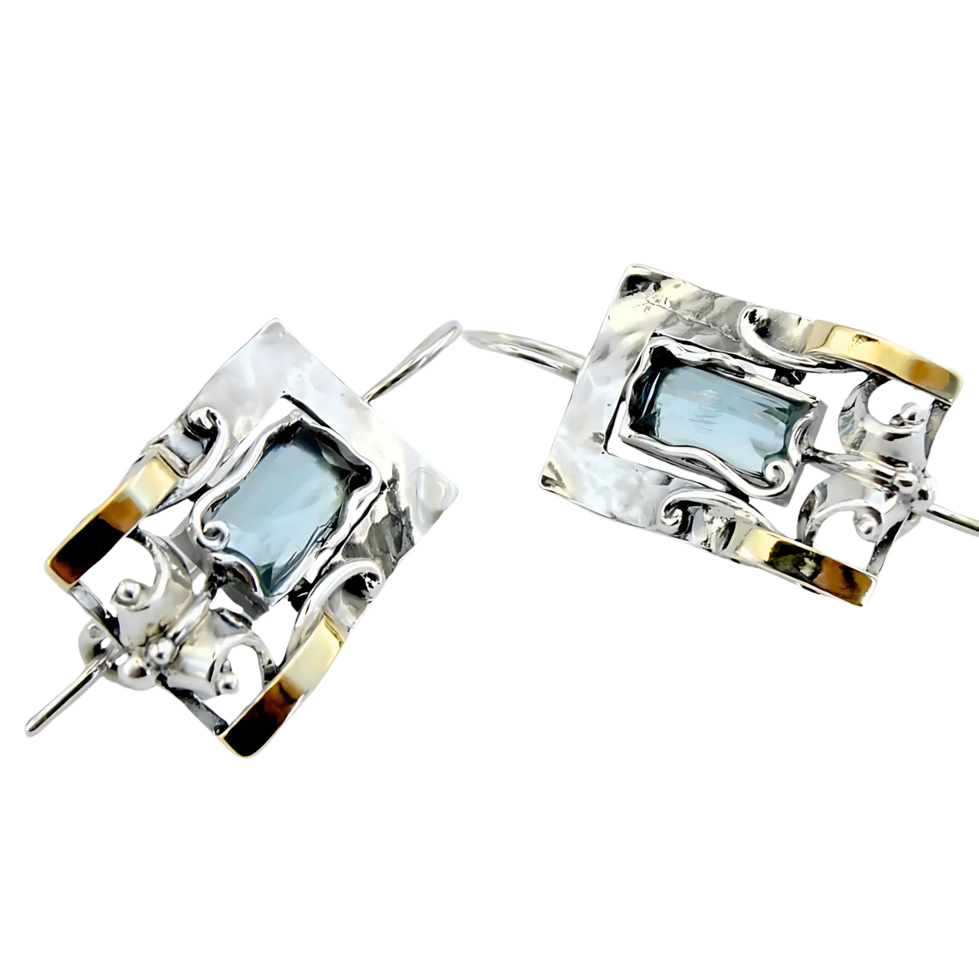 Blue Topaz earrings, Sterling Silver and Yellow Gold earrings, Handmade Topaz earrings, Blue gem earrings, Israeli Designers, Hadar Jewelry