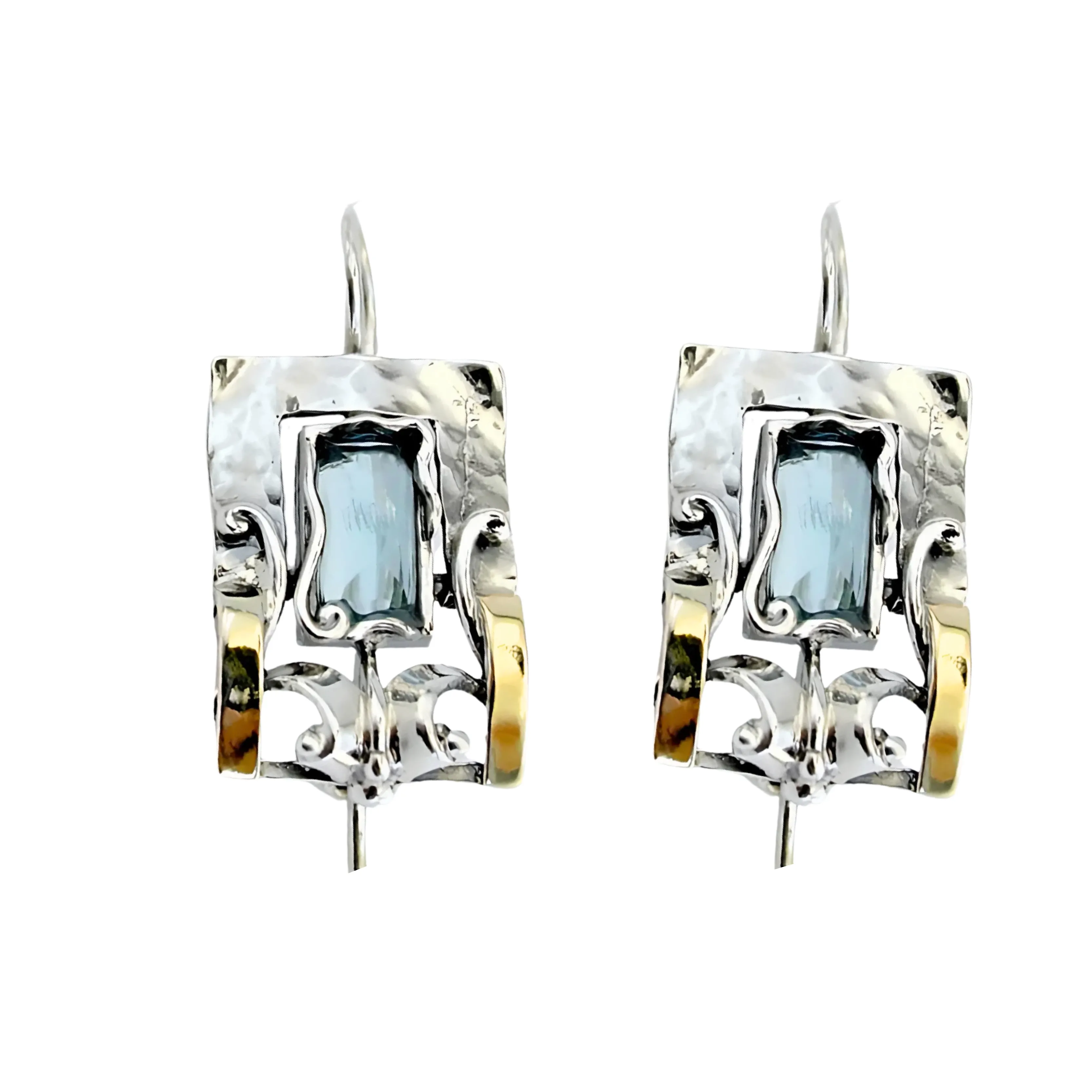 Blue Topaz earrings, Sterling Silver and Yellow Gold earrings, Handmade Topaz earrings, Blue gem earrings, Israeli Designers, Hadar Jewelry