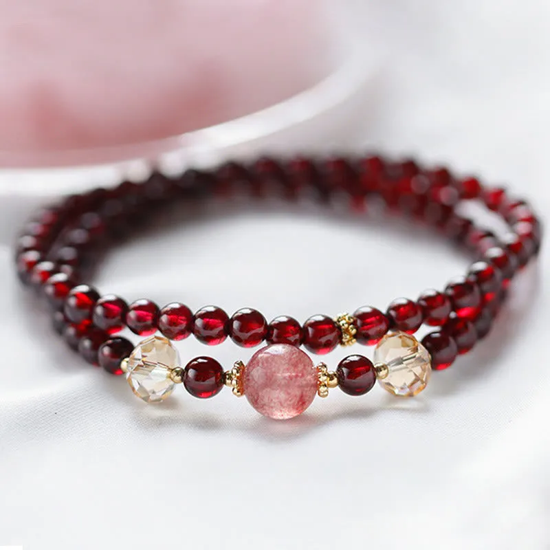 Buddha Stones 14K Gold Plated Natural Garnet Strawberry Quartz Stability Double Wrap Bracelet
