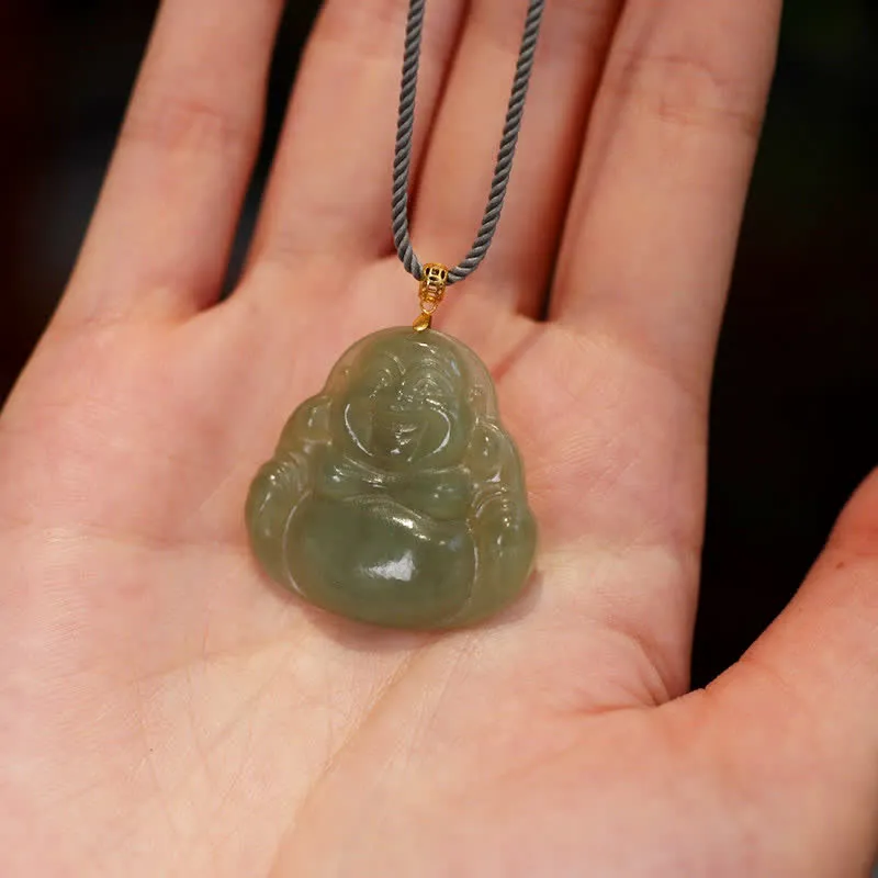 Buddha Stones 18K Gold Laughing Buddha Jade Abundance Necklace String Pendant