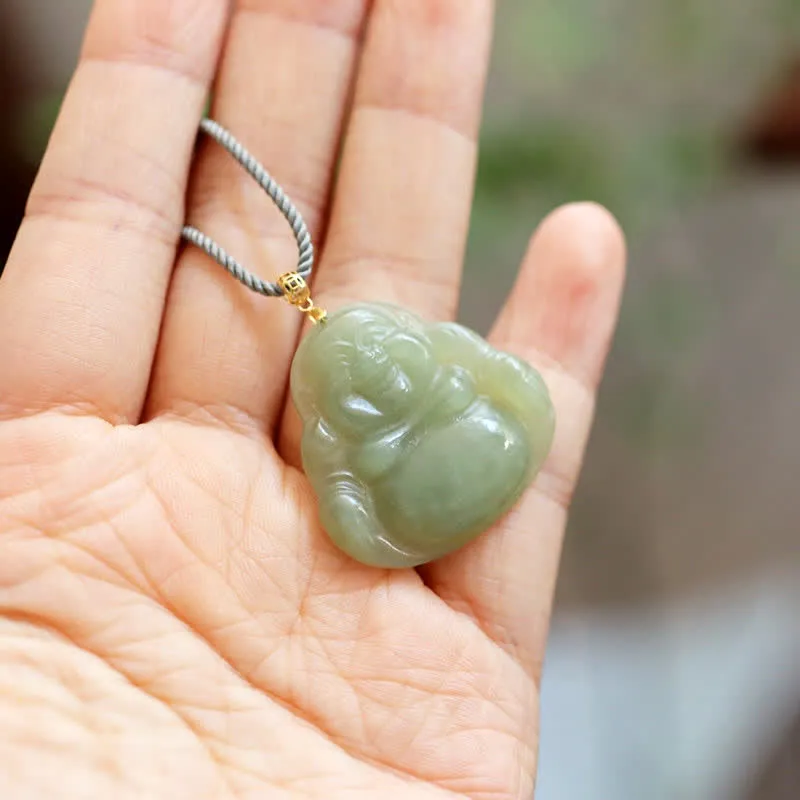 Buddha Stones 18K Gold Laughing Buddha Jade Abundance Necklace String Pendant