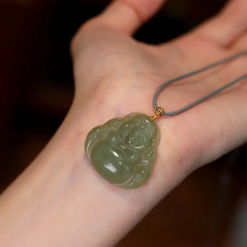 Buddha Stones 18K Gold Laughing Buddha Jade Abundance Necklace String Pendant