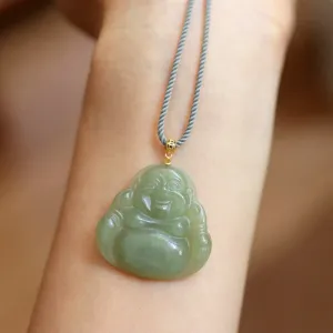Buddha Stones 18K Gold Laughing Buddha Jade Abundance Necklace String Pendant