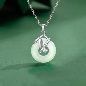Buddha Stones 925 Sterling Silver Hetian Jade Bamboo Leaf Peace Buckle Prosperity Necklace Pendant