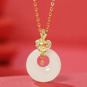 Buddha Stones 925 Sterling Silver Hetian Jade Year Of The Snake Peace Buckle Luck Blessing Necklace Pendant