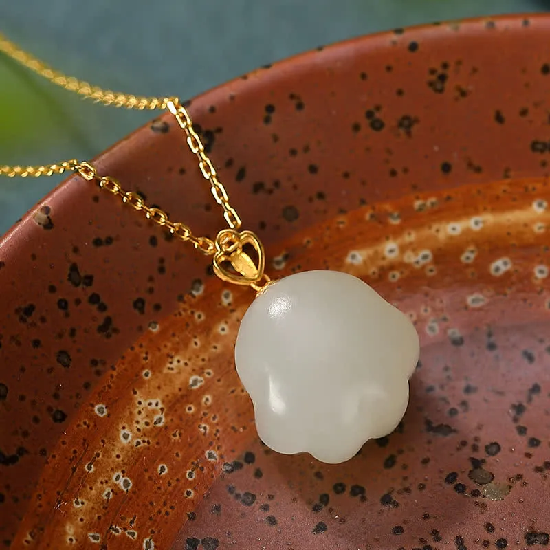 Buddha Stones 925 Sterling Silver Hetian White Jade Cute Cat Paw Luck Necklace Pendant