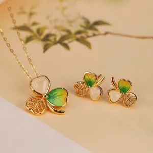 Buddha Stones 925 Sterling Silver Plated Gold Hetian Jade Luck Shamrock Clover Necklace Pendant Earrings