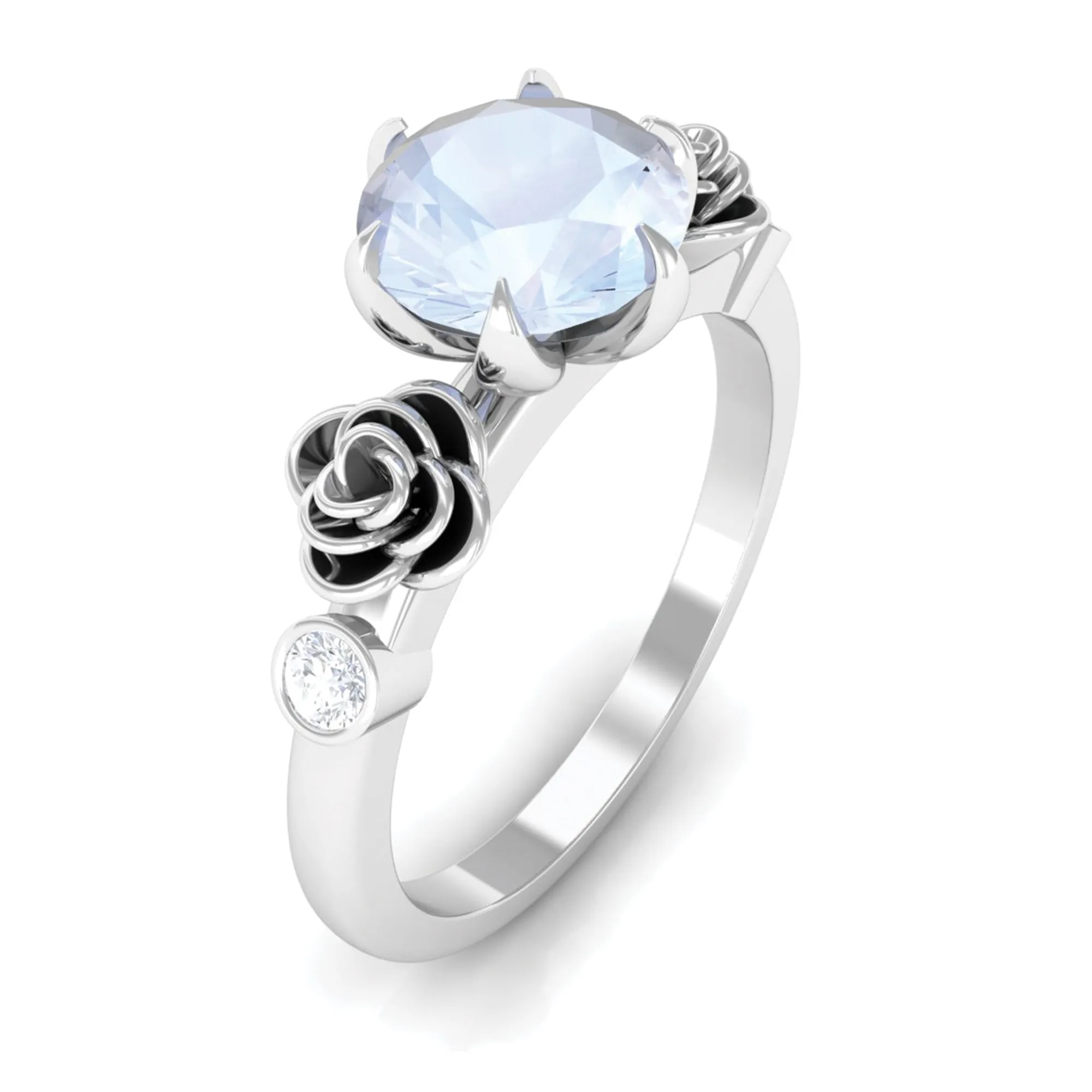 Claw Set Solitaire Moonstone Flower Ring with Diamond