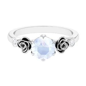 Claw Set Solitaire Moonstone Flower Ring with Diamond