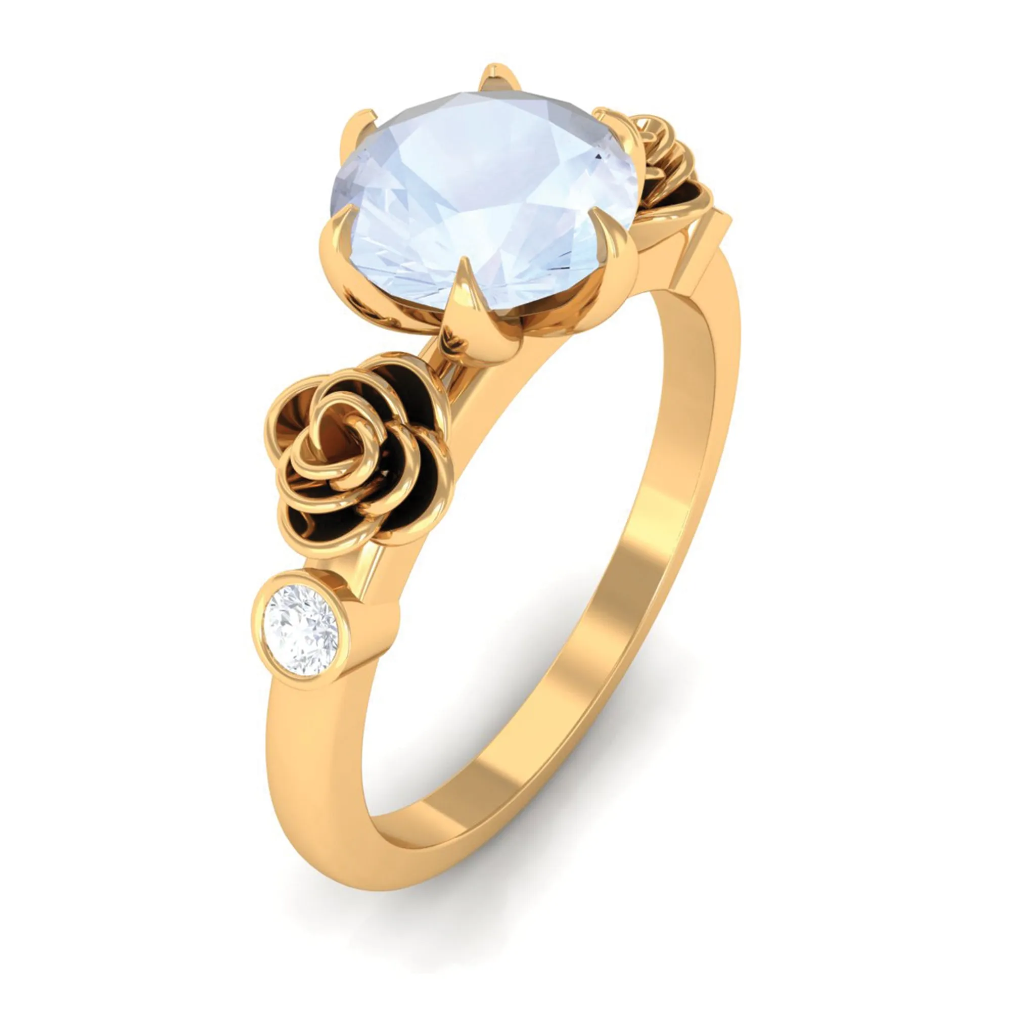 Claw Set Solitaire Moonstone Flower Ring with Diamond