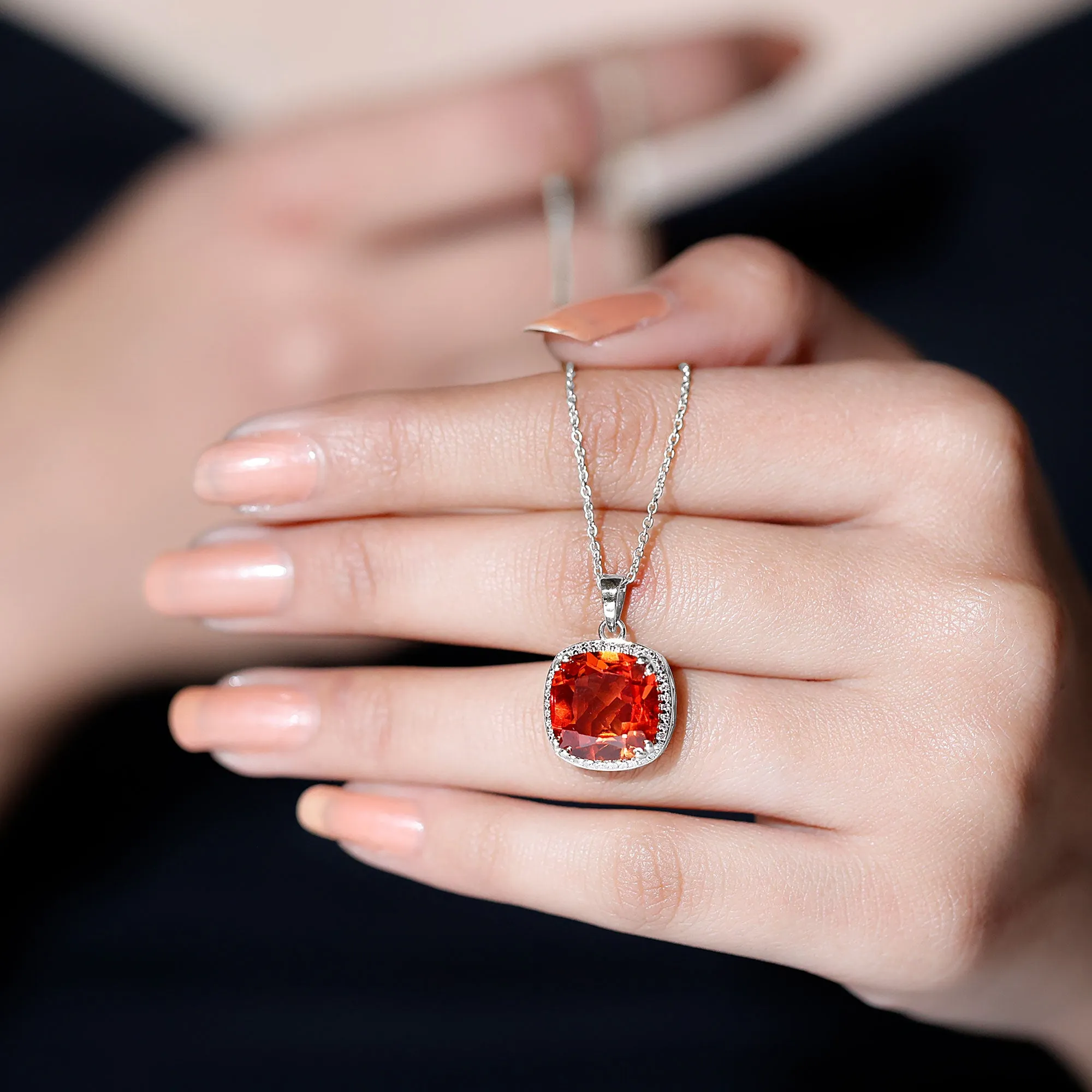 Created Orange Sapphire and Moissanite Halo Pendant Necklace