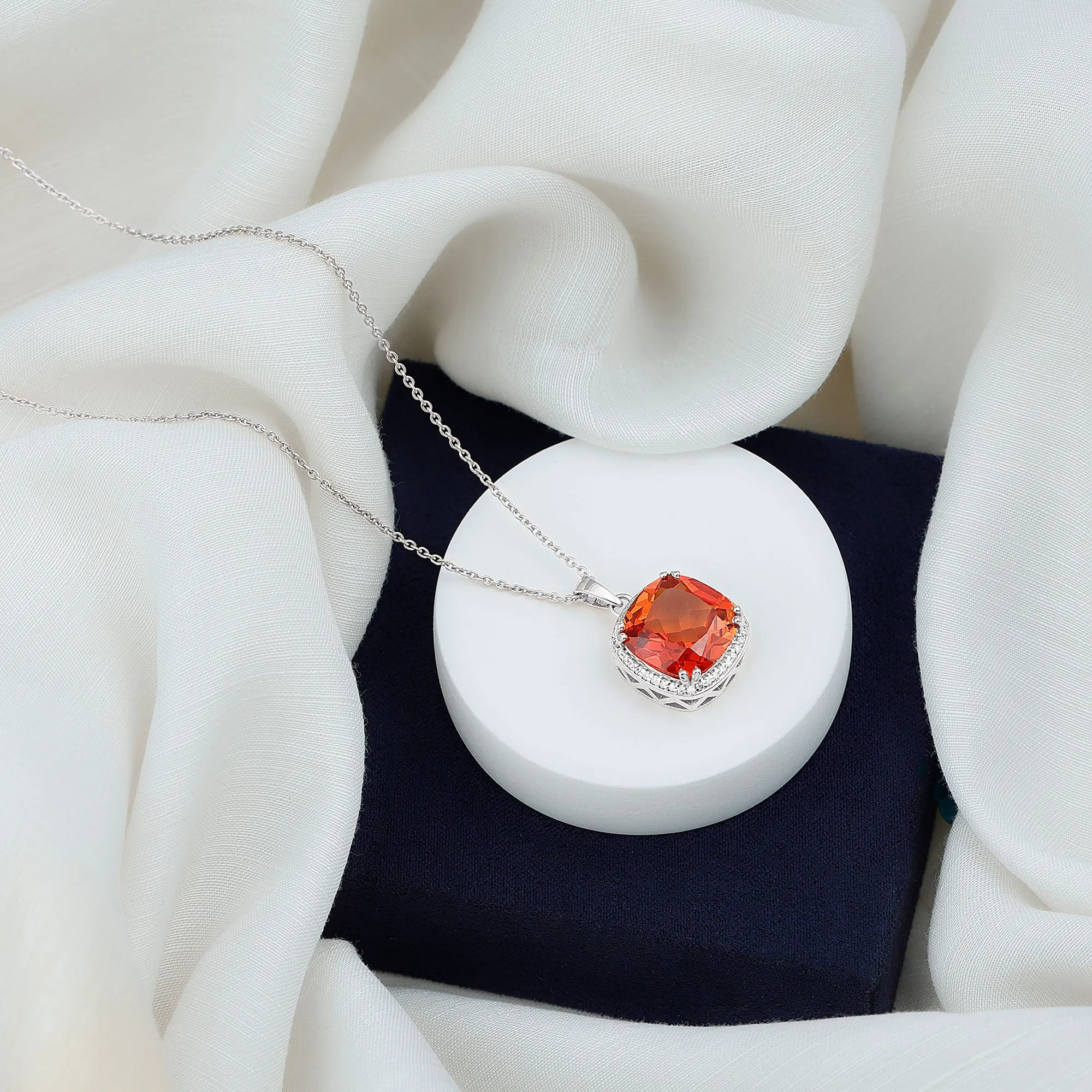 Created Orange Sapphire and Moissanite Halo Pendant Necklace