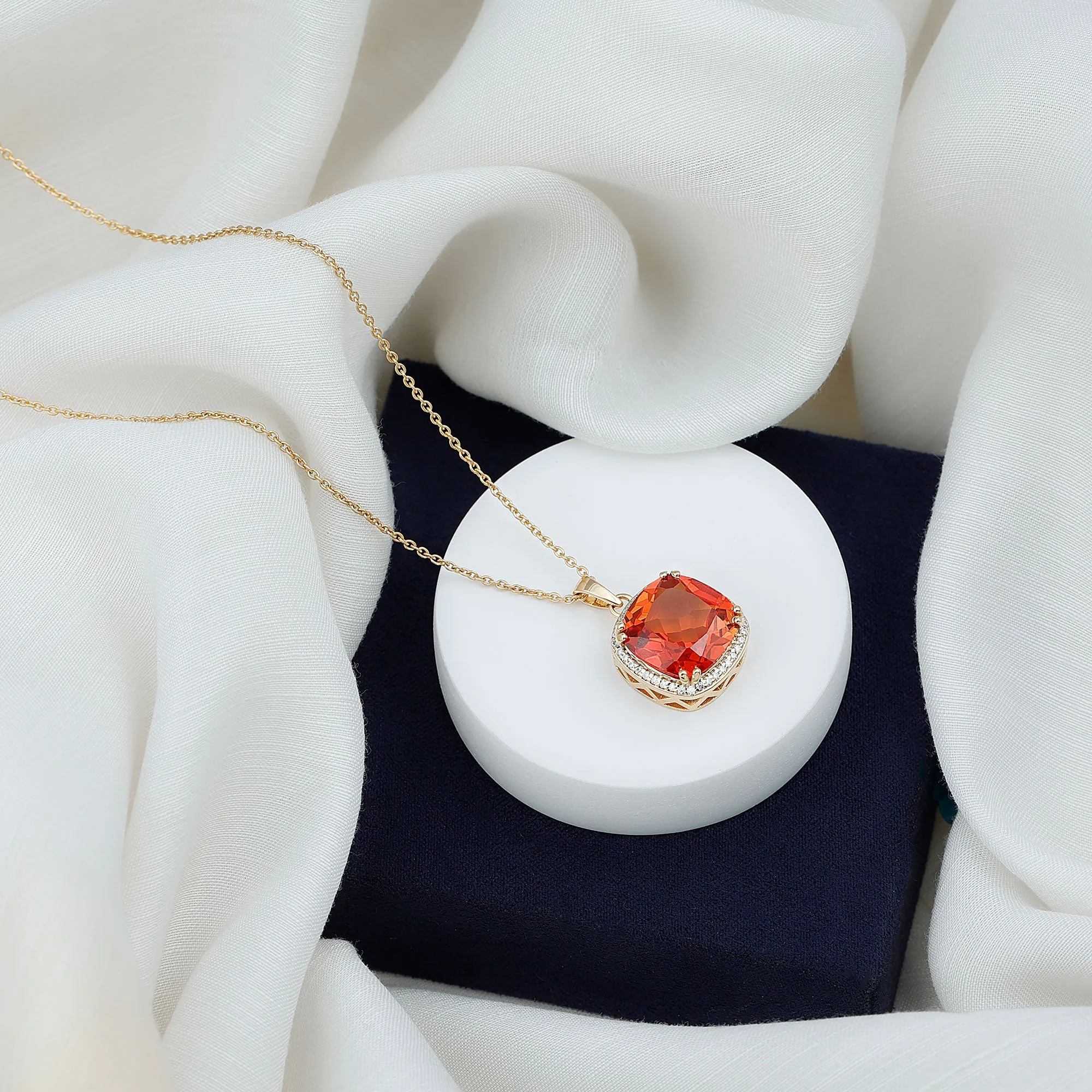 Created Orange Sapphire and Moissanite Halo Pendant Necklace