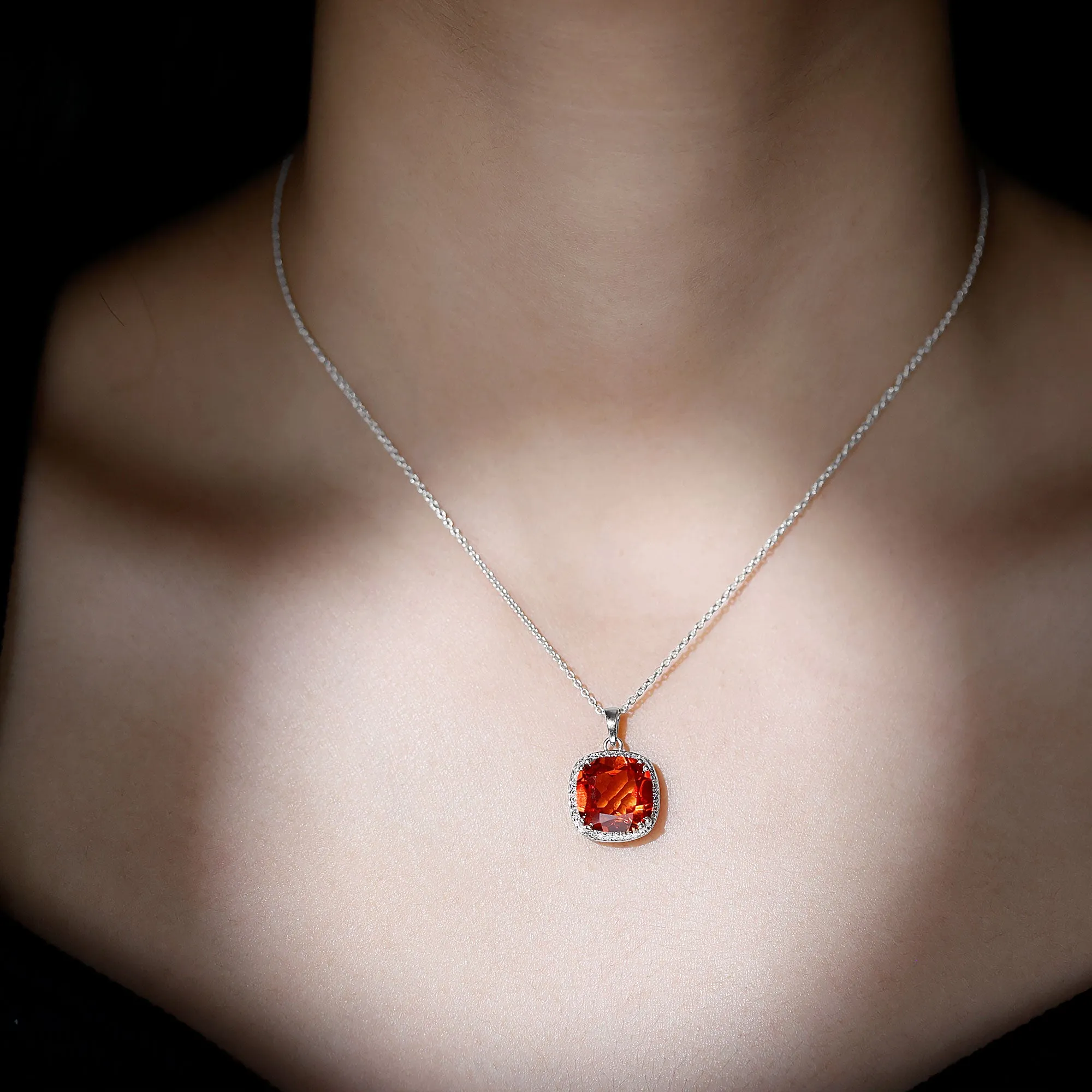 Created Orange Sapphire and Moissanite Halo Pendant Necklace