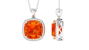 Created Orange Sapphire and Moissanite Halo Pendant Necklace