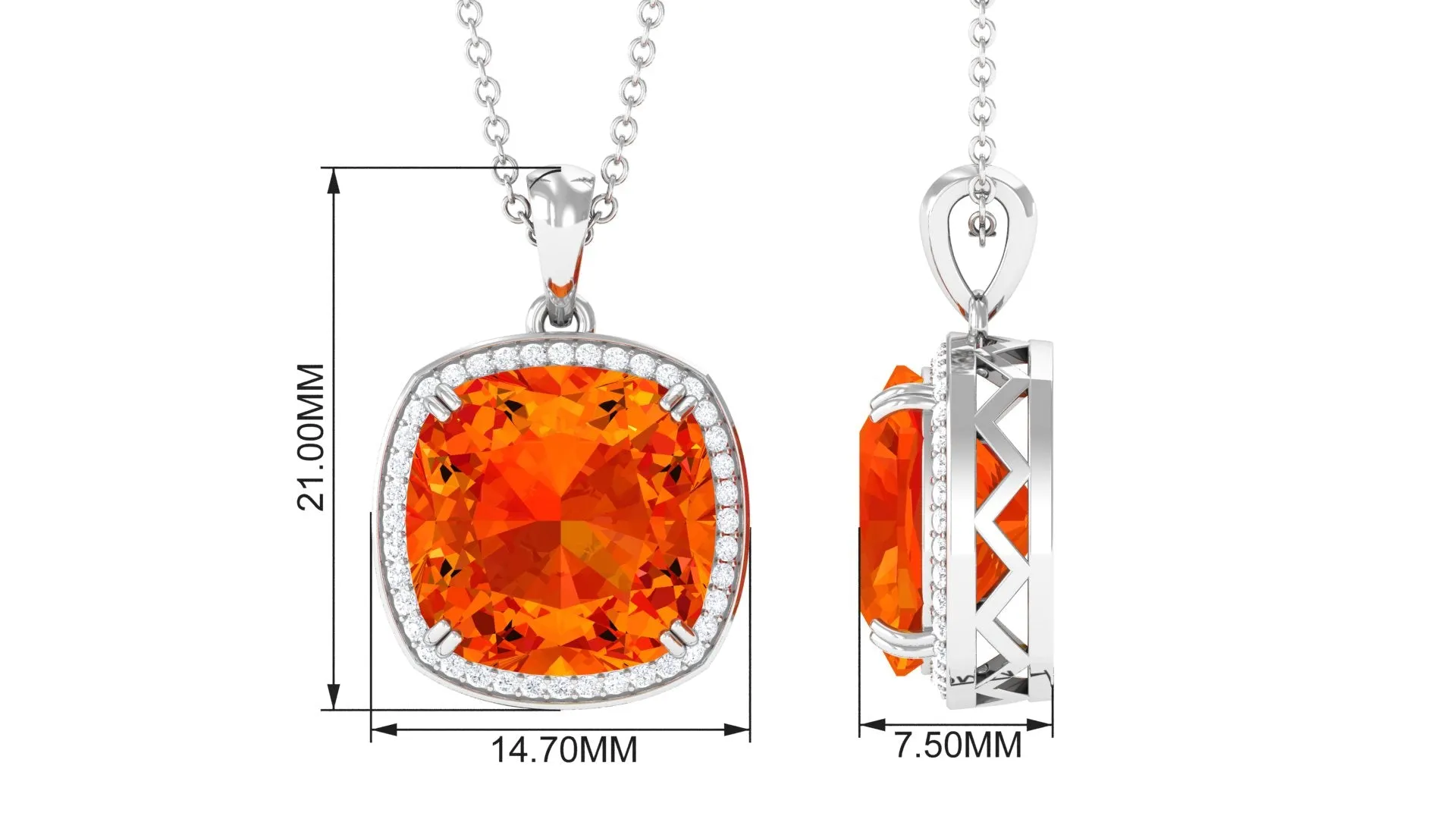 Created Orange Sapphire and Moissanite Halo Pendant Necklace