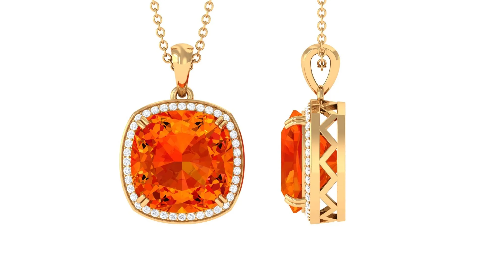 Created Orange Sapphire and Moissanite Halo Pendant Necklace