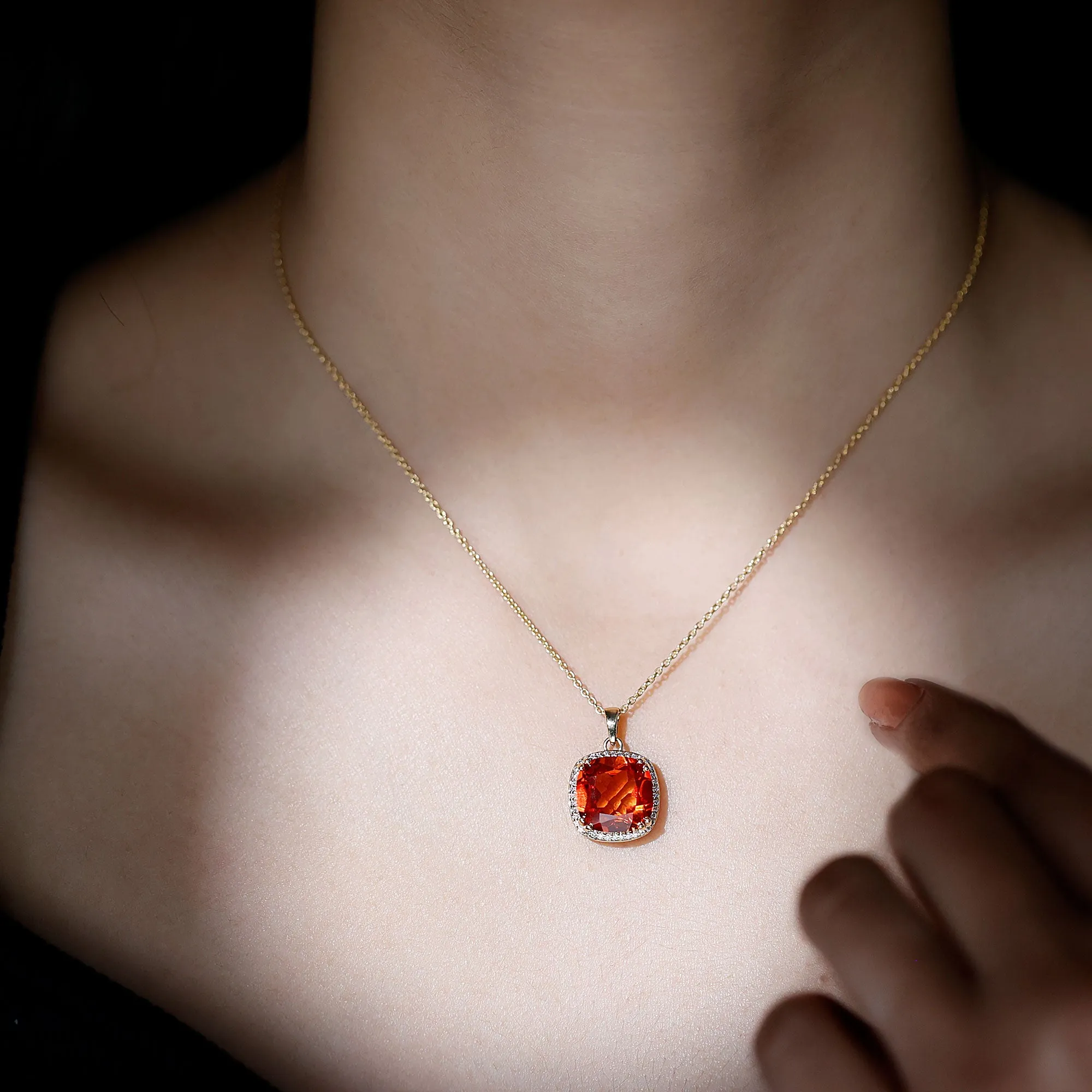 Created Orange Sapphire and Moissanite Halo Pendant Necklace