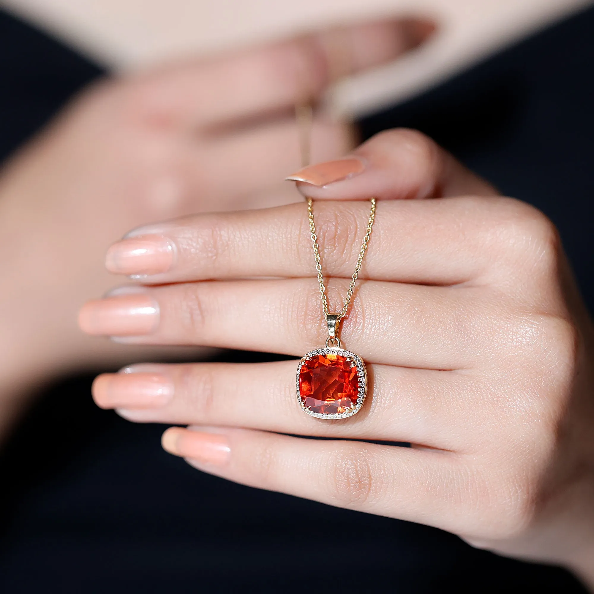Created Orange Sapphire and Moissanite Halo Pendant Necklace