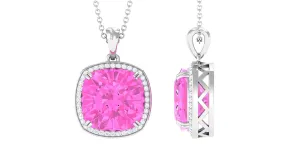 Created Pink Sapphire and Moissanite Halo Pendant Necklace