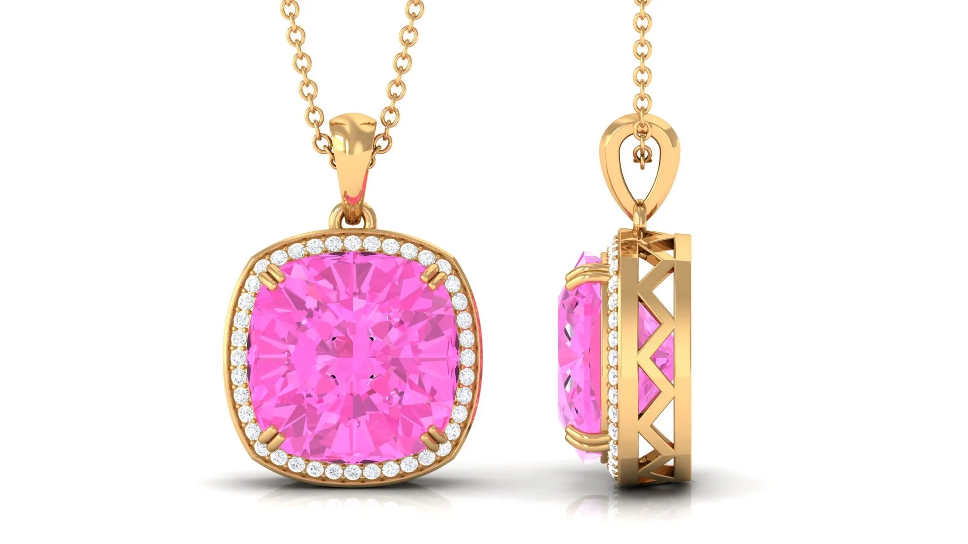 Created Pink Sapphire and Moissanite Halo Pendant Necklace