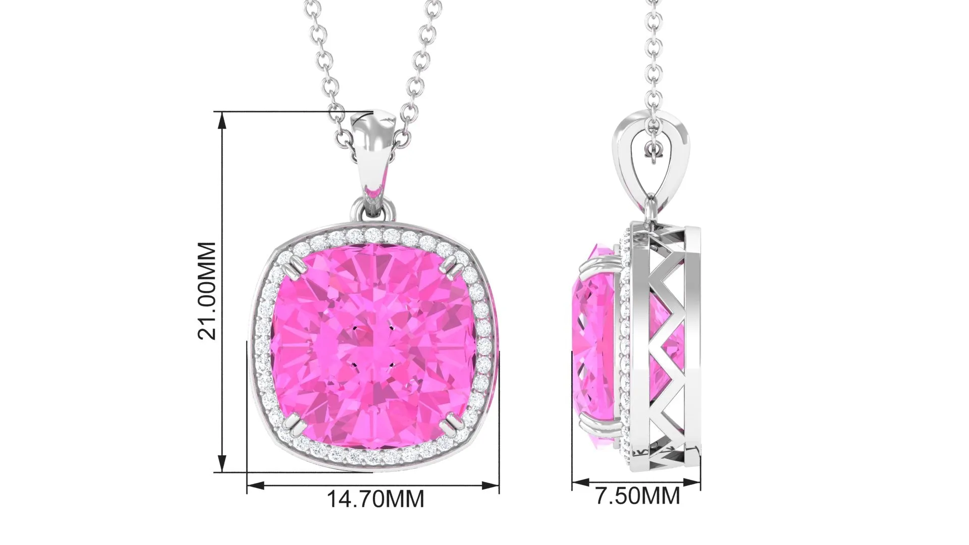 Created Pink Sapphire and Moissanite Halo Pendant Necklace