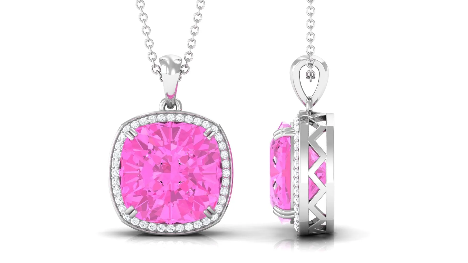 Created Pink Sapphire and Moissanite Halo Pendant Necklace