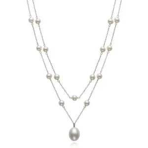 Cultured Freshwater Pearl Sterling Silver Double Row Station Necklace