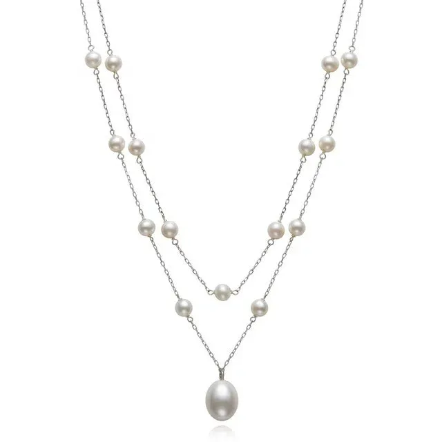 Cultured Freshwater Pearl Sterling Silver Double Row Station Necklace