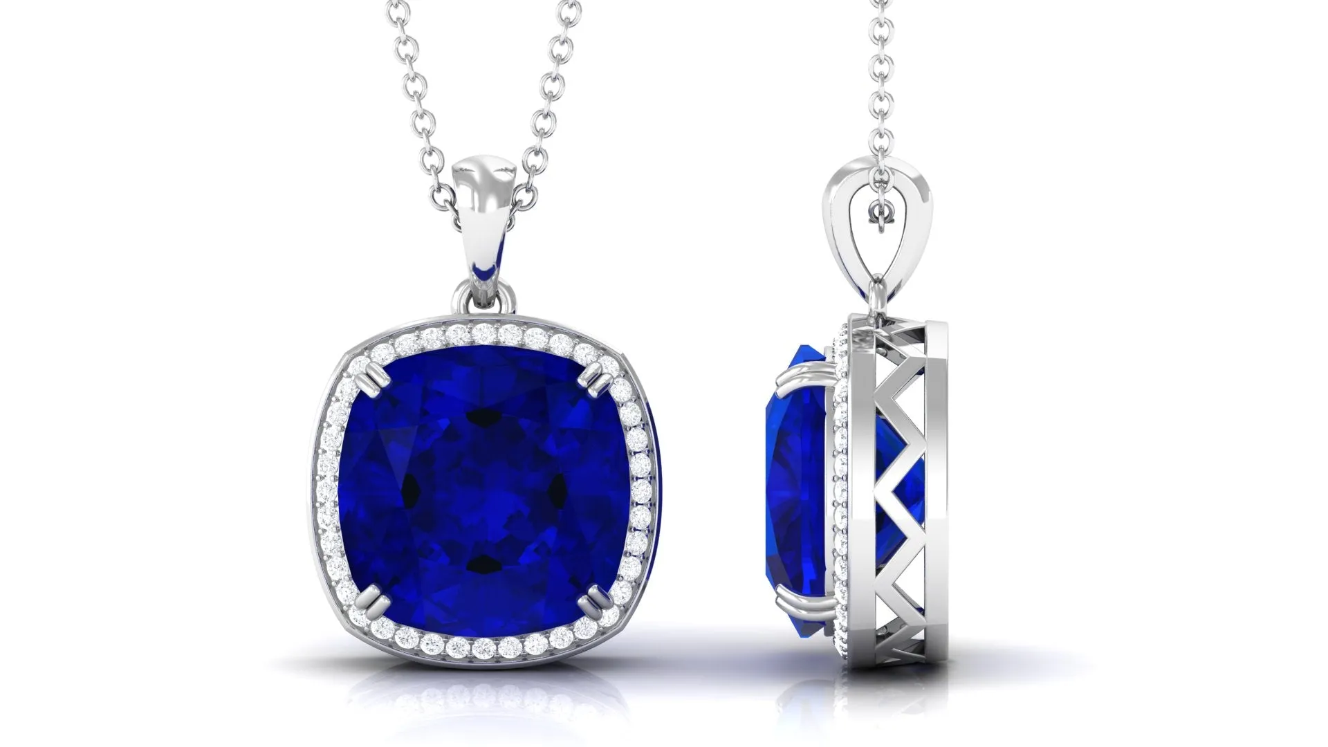 Cushion Cut Created Blue Sapphire and Diamond Halo Pendant Necklace