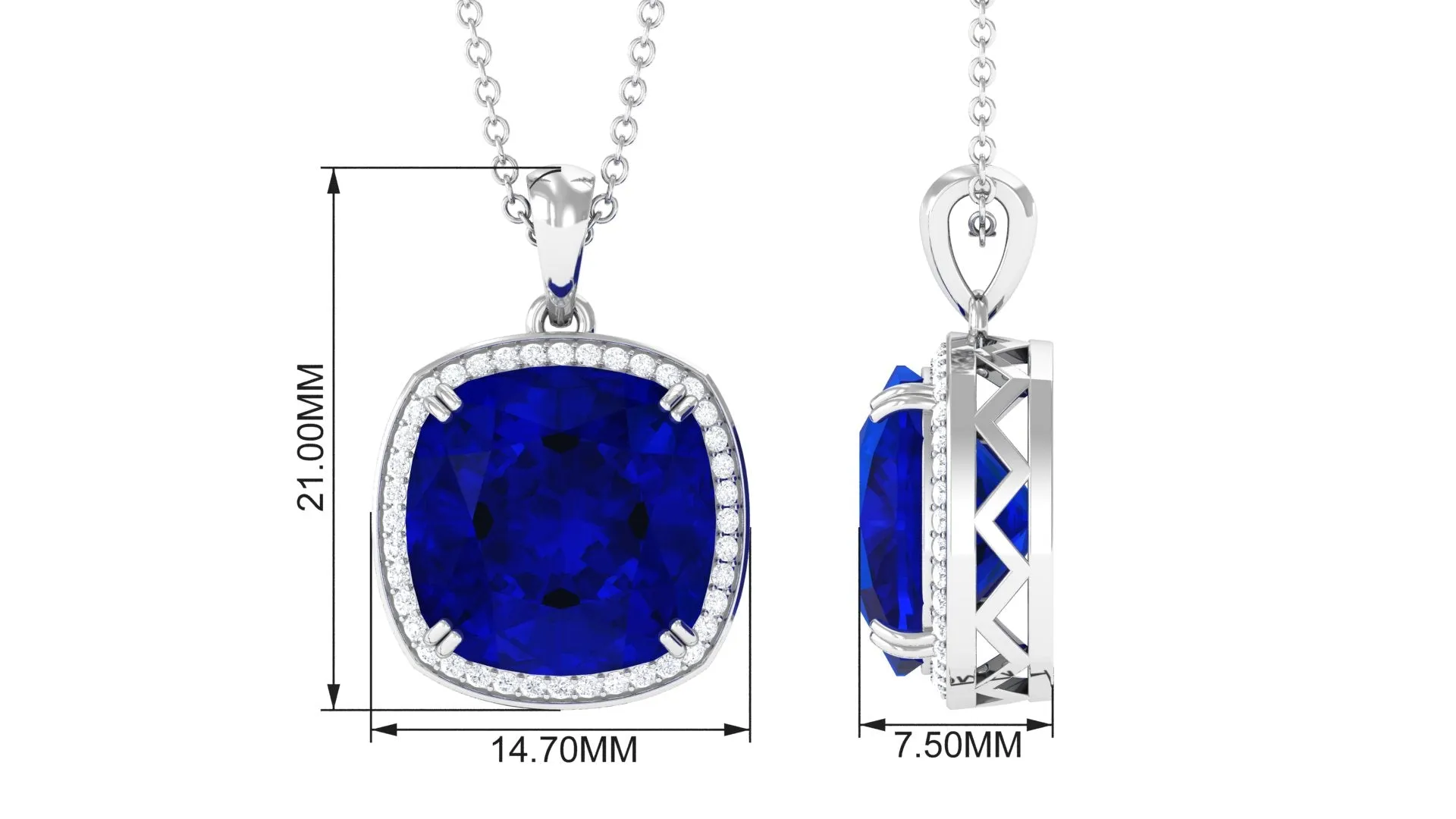 Cushion Cut Created Blue Sapphire and Diamond Halo Pendant Necklace