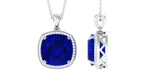 Cushion Cut Created Blue Sapphire and Diamond Halo Pendant Necklace